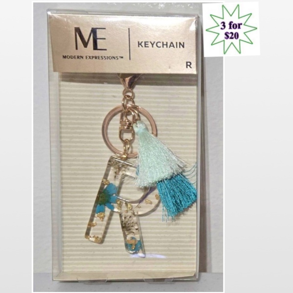 New Modern Expressions Key Chain Letter “R” Blue Floral Gold With Tassels